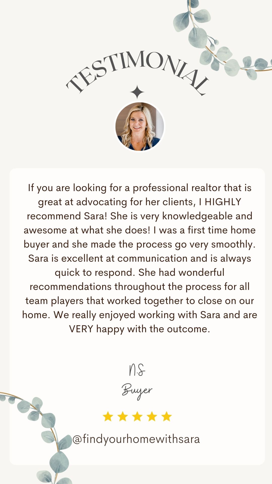 If you are looking for a professional realtor that is great at advocating for her clients, I HIGHLY recommend Sara! She is very knowledgeable and awesome at what she does! I was a first time home buyer and she made the process go very smoothly. Sara is excellent at communication and is always quick to respond. She had wonderful recommendations throughout the process for all team players that worked together to close on our home. We really enjoyed working with Sara and are VERY happy with the outcome.